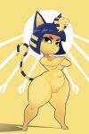  2023 absurd_res animal_crossing ankha_(animal_crossing) anthro blen_bodega blue_hair crossed_arms domestic_cat felid feline felis female frown full-length_portrait genitals hair hi_res looking_at_viewer mammal nintendo noseless plump_labia portrait pubic_stubble pussy solo thick_thighs wide_hips yellow_body 