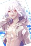  1boy abs anoko_(darenokoanoko) boku_no_hero_academia highres hood hooded_jacket jacket looking_at_viewer male_focus medium_hair red_eyes scar scar_on_face shigaraki_tomura solo white_hair white_jacket wrinkled_skin 