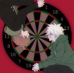  2boys ahoge black_jacket black_pants brown_hair closed_mouth danganronpa:_trigger_happy_havoc danganronpa_(series) danganronpa_2:_goodbye_despair dartboard eye_contact feet_out_of_frame green_hoodie green_jacket hair_between_eyes hood hood_down hooded_jacket hoodie jacket komaeda_nagito long_sleeves looking_at_another messy_hair multiple_boys naegi_makoto pants profile red_background sinamolol smile upside-down white_hair 