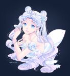  1girl 2021 bare_shoulders bishoujo_senshi_sailor_moon blue_background blue_eyes bracelet crescent crescent_facial_mark dated detached_sleeves double_bun dress earrings facial_mark flower forehead_mark hair_bun hair_flower hair_ornament jewelry long_hair looking_at_viewer neo_queen_serenity open_mouth parted_bangs pearl_bracelet purple_hair rose saki_(hxaxcxk) simple_background smile solo strapless strapless_dress tiara tsukino_usagi twintails upper_body white_flower white_rose 