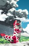  absurdres claws commentary_request day from_side groudon highres komepan looking_up no_humans open_mouth outdoors pokemon pokemon_(creature) primal_groudon sharp_teeth sky smoke solo standing teeth 