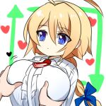  1girl 1other :o ahoge arrow_(symbol) blazblue blonde_hair blue_bow blue_eyes bow braid braided_ponytail breasts center_frills english_commentary es_(xblaze) frills grabbing grabbing_another&#039;s_breast hair_between_eyes hair_bow heart huge_ahoge kkis-i large_breasts like_and_retweet long_hair long_sleeves lowres meme motion_lines necktie open_mouth out_of_frame red_necktie retweet_(meme) shirt simple_background single_braid tented_shirt underbust white_background xblaze xblaze_code:_embryo 