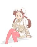 1girl alternate_costume breasts brown_eyes brown_hair fashion hair_pulled_back hair_ribbon long_hair looking_at_viewer open_mouth pantyhose pink_pantyhose pokemon pokemon_(game) pokemon_oras ribbed_sweater ribbon roxanne_(pokemon) simple_background sitting smile solo sweater traditional_media twintails u4_99384295 