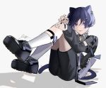  1boy alternate_costume animal_ears bishounen black_nails cat_boy cat_ears choker ear_piercing full_body genshin_impact highres looking_at_viewer male_focus piercing purple_eyes purple_hair rtms_00 scaramouche_(genshin_impact) shoes shorts simple_background sitting solo thighhighs white_background 