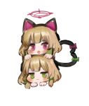  2girls :d animal_ear_headphones animal_ears blonde_hair blue_archive blush bow chibi closed_mouth commentary_request dokomon fake_animal_ears green_bow green_eyes hair_bow halo headphones korean_commentary midori_(blue_archive) momoi_(blue_archive) multiple_girls pink_eyes purple_bow simple_background smile tail tail_bow tail_ornament v-shaped_eyebrows white_background 