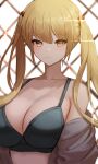  1girl bare_shoulders black_bra blonde_hair bra breasts cleavage closed_mouth glint grey_jacket hair_bobbles hair_ornament jacket large_breasts long_hair looking_at_viewer moth1 off_shoulder open_clothes open_jacket original solo twintails underwear upper_body yellow_eyes 