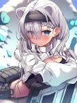  1girl arknights aurora_(arknights) black_gloves black_hairband black_shorts blue_eyes blurry blurry_background blush breasts cleavage closed_mouth commentary_request cropped_jacket depth_of_field eyes_visible_through_hair gloves grey_hair hair_ornament hair_over_one_eye hairband hairclip highres jacket leaning_forward long_sleeves medium_breasts puffy_long_sleeves puffy_sleeves ryuinu shield short_shorts shorts sleeves_past_wrists solo white_jacket 