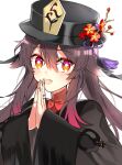  1girl :d black_coat black_headwear black_nails bright_pupils brown_hair coat doru_(hzpn7538) flower flower-shaped_pupils genshin_impact hair_between_eyes hat hat_flower hat_tassel hu_tao_(genshin_impact) light_blush long_hair looking_at_viewer orange_eyes own_hands_together simple_background smile solo symbol-shaped_pupils twintails upper_body white_background white_pupils wide_sleeves 