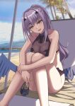  1girl bare_shoulders beach bikini black_bikini blue_sky breasts collarbone dragon_wings fate/grand_order fate_(series) forked_eyebrows high_ponytail highres ksfactory long_hair looking_at_viewer mask mask_removed melusine_(fate) melusine_(swimsuit_ruler)_(fate) mouth_mask open_mouth palm_tree sidelocks sitting sky small_breasts smile solo swimsuit tail thighlet thighs tree white_hair wings yellow_eyes 