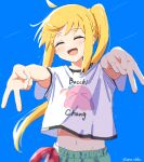  1girl ^_^ ahoge ama_(ama_ekaku) blonde_hair blue_background bocchi_the_rock! closed_eyes clothes_writing commentary_request cowboy_shot cropped_shirt detached_ahoge double_gyaru_v double_v facing_viewer flat_chest gotoh_hitori gotoh_hitori_(octopus) gyaru_v highres hip_bones ijichi_nijika long_hair midriff navel open_mouth outstretched_arms print_shirt shirt short_sleeves side_ponytail sidelocks simple_background smile solo standing t-shirt twitter_username v very_long_hair white_shirt 