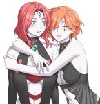  2girls absurdres aemu1008 aemu_(artist) agarthan alternate_costume blush cleavage_cutout cleobulus_(fire_emblem) clothing_cutout cornelia_arnim cuddling english_commentary facial_tattoo fan_design highres kronya_(fire_emblem) mature_female multiple_girls orange_hair pale_skin red_hair tattoo yuri 