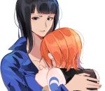  2girls arm_tattoo bad_id bad_twitter_id black_hair black_shirt blue_eyes blue_jacket blunt_bangs commentary_request hand_on_another&#039;s_back hug jacket joman korean_commentary looking_at_viewer medium_hair multiple_girls nami_(one_piece) nico_robin one_piece orange_hair shirt short_hair simple_background tattoo white_background 