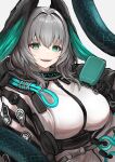  1girl absurdres arknights between_breasts black_wings blue_feathers blue_wings breasts fangs feathered_wings feathers green_eyes grey_hair hair_intakes head_wings highres ho&#039;olheyak_(arknights) infection_monitor_(arknights) large_breasts long_tail looking_at_viewer mitsumoto_amata open_mouth simple_background smile snake_tail solo strap_between_breasts tail two-tone_wings white_background wings 