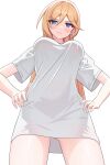  1girl absurdres bianka_durandal_ataegina blonde_hair breasts english_commentary from_below hands_on_own_hips highres honkai_(series) honkai_impact_3rd large_breasts long_hair looking_at_viewer miiruel shirt short_sleeves simple_background solo v-shaped_eyebrows white_background white_shirt 