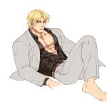  1boy alternate_costume bara belt blonde_hair expressionless formal grey_suit ken_masters looking_at_viewer male_focus muscular muscular_male partially_unbuttoned pectoral_cleavage pectorals short_hair sitting solo street_fighter suit thick_eyebrows unfinished yuiofire 