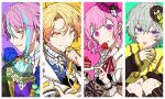  2boys 2girls ascot blonde_hair blue_ascot blue_flower blue_rose blush brown_socks cake candle_no_kaori_wa_omoide_to_tomo_ni_(project_sekai) chocolate closed_mouth flower food fork green_hair hat heart heart_pillow highres himitsu_no_valentine_daisakusen!_(project_sekai) holding holding_fork hoshi-toge jacket junpaku_no_anata_e_chikai_no_uta_o!_(project_sekai) kamishiro_rui kusanagi_nene looking_at_viewer mini_hat multiple_boys multiple_girls neck_ribbon ootori_emu open_mouth pillow pink_eyes pink_hair project_sekai purple_eyes purple_hair purple_vest red_ribbon ribbon rose scramble_fan_festa!_(project_sekai) short_hair short_twintails smile socks tenma_tsukasa twintails vest white_jacket wonderlands_x_showtime_(project_sekai) wrist_cuffs yellow_eyes 