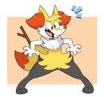  2023 3_toes 4_fingers absurd_res anthro bar_emanata biped black_eyebrows black_eyelashes black_legs black_mouth blonde_hair blue_emanata border braixen braixen_(kabula) canid canine countershade_face countershade_fur countershading cross-eyed digital_drawing_(artwork) digital_media_(artwork) emanata eyebrows feet female female_anthro fingers fur generation_6_pokemon hair hi_res inner_ear_fluff kabula_(artist) mammal nintendo nude open_mouth orange_background pigeon_toed pink_tongue pokemon pokemon_(species) red_inner_ear_fluff red_nose simple_background snaggle_tooth solo stick stick_in_tail tail teeth toes tongue tuft white_arm white_border white_tuft wide_stance yellow_body yellow_fur yellow_tail 