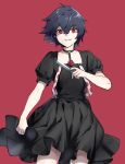  1boy absurdres black_dress collarbone contrapposto cowboy_shot dress flower hair_between_eyes hand_up highres holding holding_knife knife looking_at_viewer otoko_no_ko puffy_short_sleeves puffy_sleeves red_background red_eyes red_flower red_rose rose shiromi_(ringo) short_hair short_sleeves simple_background smile solo stitches suspenders suzuya_juuzou teeth tokyo_ghoul tokyo_ghoul:re 