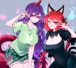  2girls animal_ears black_dress braid breasts cat_ears cat_tail cleavage commentary dress fingernails green_shirt green_shorts hair_between_eyes highres horns kaenbyou_rin large_breasts long_fingernails long_hair multiple_girls multiple_tails nail_polish one_eye_closed open_mouth purple_hair raptor7 red_eyes red_hair red_horns red_nails red_tail sharp_fingernails shirt short_sleeves shorts single_horn smile symbol-only_commentary tail tenkajin_chiyari touhou twin_braids two_tails 