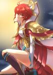  1girl ahoge armor boots cape circlet deekei fire_emblem fire_emblem_fates fire_emblem_heroes gloves gold_trim hair_between_eyes highres hinoka_(thundering_wings)_(fire_emblem) japanese_clothes knee_boots looking_at_viewer official_alternate_costume red_eyes red_hair short_hair shoulder_armor solo thighs 