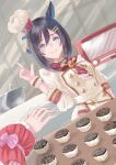  2girls absurdres animal_ears apron black_hair blue_eyes blush buttons chef chef_hat closed_mouth commentary_request cupcake double-breasted dress eishin_flash_(collect_chocolatier)_(umamusume) eishin_flash_(umamusume) female_pov food g_tear hair_between_eyes hair_ornament hairclip hat highres horse_ears index_finger_raised indoors kitchen looking_at_viewer multiple_girls neckerchief official_alternate_costume official_alternate_hairstyle pov pov_hands red_neckerchief short_dress sleeves_past_elbows smile solo_focus swept_bangs tilted_headwear umamusume valentine white_apron white_dress white_headwear wrist_cuffs 