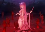  1girl absurdres ass back blood blush breasts cloud cloudy_sky disembodied_limb fate/grand_order fate_(series) highres knife long_hair looking_at_viewer looking_back may_(2747513627) medb_(fate) medium_breasts night night_sky nude pink_hair pool_of_blood sky solo tiara very_long_hair yellow_eyes 