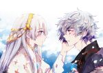  1boy 1girl anastasia_(fate) black_jacket blue_eyes dress earrings fate/grand_order fate_(series) from_side fur_trim hand_on_another&#039;s_face heeparang jacket jewelry kadoc_zemlupus light_blush long_hair long_sleeves portrait short_hair white_dress white_hair yellow_eyes 