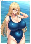  1girl atago_(kancolle) blonde_hair blue_one-piece_swimsuit blush breasts cleavage covered_navel dated day green_eyes highres huge_breasts impossible_clothes impossible_swimsuit kantai_collection large_breasts long_hair looking_at_viewer ocean one-hour_drawing_challenge one-piece_swimsuit shiromaru_(maniado) smile solo swimsuit twitter_username water white_background 