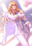  1boy ascot bird blonde_hair blue_ascot blue_brooch blue_eyes blurry blurry_background brooch buttons cape cowboy_shot crest dutch_angle falling_feathers fate/grand_order fate_(series) feathers frilled_sleeves frills gloves hair_between_eyes highres jacket jewelry kirschtaria_wodime light_particles long_hair long_sleeves looking_down male_focus outstretched_arm outstretched_hand pants sabamori sleeve_cuffs smile solo suit sunlight white_bird white_cape white_feathers white_gloves white_jacket white_pants white_suit 