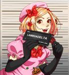  1girl :3 absurdres barbie_mugshot_(meme) beret black_gloves blonde_hair bow candy card character_name elbow_gloves fangs food gloves hat height_mark highres holding holding_candy holding_card holding_food holding_sign lambdadelta meme mugshot pink_headwear red_eyes short_hair sign smile solo umineko_no_naku_koro_ni upper_body zucchinidraws 