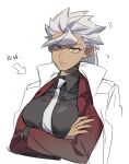  1girl ? black_shirt breasts dark-skinned_female dark_skin dress_shirt genderswap genderswap_(mtf) godie0 gundam gundam_tekketsu_no_orphans highres jacket jacket_on_shoulders long_hair necktie orga_itsuka partially_colored red_jacket shirt solo white_background white_hair white_necktie yellow_eyes 