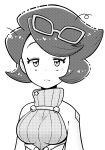  1girl absurdres big_hair breasts buttons capelet eyewear_on_head glasses greyscale half-closed_eyes highres large_breasts long_sleeves mature_female monochrome pokemon pokemon_(game) pokemon_sm ribbed_sweater sleepy solo sweater turtleneck turtleneck_sweater wicke_(pokemon) ziburikito 