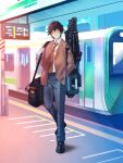  1boy bag black_footwear black_hair brown_jacket chain_paradox duffel_bag full_body glasses goggles goggles_removed highres indoors jacket kakizaka_hachishika kuga_shunto looking_at_viewer male_focus necktie orange_eyes pants plaid plaid_pants shirt short_hair solo standing train_station unmoving_pattern white_shirt 