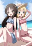  2girls :d absurdres arm_behind_head arm_up bare_arms bare_legs bare_shoulders barefoot bikini black_hair blonde_hair blue_bikini blue_sky blush brown_eyes brown_headwear cloud cloudy_sky collarbone commentary_request day feet_out_of_frame green_eyes hat highres idolmaster idolmaster_cinderella_girls jiu_(sdesd3205) long_hair looking_at_viewer multiple_girls navel outdoors parted_bangs pink_bikini polka_dot polka_dot_bikini sakurai_momoka sitting sky smile straw_hat swimsuit tachibana_arisu very_long_hair water wet 