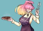  1girl apron black_apron blonde_hair blue_background collared_shirt commission english_text food gradient_hair hair_over_eyes holding holding_plate long_sleeves multicolored_hair original pink_hair plate ponytail print_apron shirt simple_background solo steak upper_body yellow_shirt zenigata 
