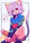  1other androgynous animal_ears cat_ears cat_tail chimera_ant curly_hair fingernails flower full_body highres hunter_x_hunter indian_style joints long_sleeves looking_at_viewer musical_note neferpitou other_focus red_eyes red_flower red_rose rose sanamaru_(sana79261827) sash sharp_fingernails short_hair simple_background sitting smile solo speech_bubble tail white_hair 