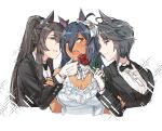  3girls animal_ears arm_grab bandaid bandaid_on_face bandaid_on_nose black_hair black_jacket blue_hair blush bow bowtie breasts cleavage closed_mouth cropped_torso dark-skinned_female dark_skin dress fang flower fuji_kiseki_(umamusume) gloves green_eyes hair_between_eyes hand_on_another&#039;s_cheek hand_on_another&#039;s_face highres hishi_amazon_(umamusume) holding holding_flower horse_ears jacket long_hair long_sleeves looking_at_another medium_breasts multiple_girls narita_brian_(umamusume) orange_eyes ponytail rose shirt short_hair sleeveless sleeveless_dress small_breasts smile sparkle sweatdrop twitter_username umamusume upper_body white_background white_dress white_gloves white_shirt yellow_eyes yuhkiano yuri 