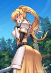  1girl :d adsouto armor blonde_hair blue_eyes blush breasts darkness_(konosuba) faulds forest hair_ornament hairclip highres holding holding_sword holding_weapon kono_subarashii_sekai_ni_shukufuku_wo! large_breasts long_hair looking_at_viewer nature ponytail signature smile solo sword weapon 