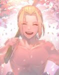  1boy blonde_hair blush cherry_blossoms closed_eyes collarbone cross_scar facing_viewer forehead highres himari_(_h_i8) jigokuraku open_mouth pectorals petals scar scar_on_chest short_hair solo sword topless_male weapon wooden_sword yamada_asaemon_tensa 