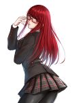  1girl black_jacket black_pantyhose blush breasts glasses highres igusaharu jacket long_hair long_sleeves looking_at_viewer medium_breasts pantyhose parted_lips persona persona_5 persona_5_the_royal plaid plaid_skirt pleated_skirt red_eyes red_hair school_uniform shuujin_academy_school_uniform simple_background skirt solo white_background yoshizawa_sumire 