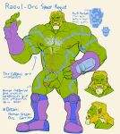  blonde_hair green_body green_skin hair himbo humanoid male model_sheet muscular muscular_male orc rickleone science_fiction tattoo 