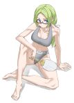  1girl :/ ass_visible_through_thighs bare_arms bare_legs bare_shoulders barefoot black-framed_eyewear blue_eyes bra breasts cleavage collarbone commentary elbow_on_knee feet frown full_body glasses green_hair grey_bra grey_panties grey_sports_bra hand_fan highres kemono_friends large_breasts long_hair looking_at_viewer low_ponytail mirai_(kemono_friends) panties paper_fan semi-rimless_eyewear simple_background sitting solo sports_bra tanabe_(fueisei) toes under-rim_eyewear underwear white_background 