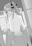  1girl absurdres architecture ass back bare_back bare_shoulders black_ribbon blush breasts butt_crack butterfly_hair_ornament east_asian_architecture from_behind go-toubun_no_hanayome greyscale hair_ornament hair_ribbon highres indoors japanese_clothes kimono kimono_pull kosmos_beta large_breasts looking_at_viewer looking_back medium_hair monochrome nakano_nino nape no_nipples open_mouth ponytail ribbon shouji sliding_doors solo topless 