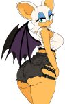  1girl aqua_eyes ass bare_arms bat_girl belt black_shorts blue_eyeshadow breasts cowboy_shot cropped_shirt eyeshadow furry furry_female half-closed_eyes highres looking_at_viewer makeup micro_shorts rouge_the_bat shirt shorts simple_background solo sonic_(series) standing white_background white_shirt wings_through_clothes yuta_agc 