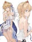  1girl bare_shoulders blonde_hair blue_eyes blush breasts cleavage closed_mouth collarbone covered_navel dress europa_(granblue_fantasy) feet_out_of_frame flower granblue_fantasy hair_flower hair_ornament hand_on_own_thigh hashibiro_kou_(garapiko_p) highres looking_at_viewer medium_breasts parted_lips plant short_dress sidelocks simple_background smile strapless strapless_dress tiara vines white_background white_dress 