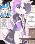  2022 anthro clothed clothing dialogue digital_media_(artwork) eeveelution english_text fully_clothed fur generation_6_pokemon generation_7_pokemon hi_res kinozel looking_at_viewer lycanroc maid_uniform nintendo pokemon pokemon_(species) purple_body purple_eyes purple_fur signature smile speech_bubble sylveon text uniform white_body white_fur 