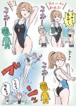  1girl 2boys ass black_one-piece_swimsuit blue_eyes commentary_request cowboy_shot highleg highleg_swimsuit highres intrepid_(kancolle) kakincho kantai_collection light_brown_hair multiple_boys multiple_views one-piece_swimsuit ponytail short_hair stretching swim_cap swimsuit translation_request whistle whistle_around_neck 
