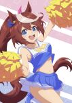  1girl absurdres animal_ears arm_up armpits blue_eyes blue_footwear blue_shirt blue_skirt bow breasts brown_hair cheerleader commentary_request cowboy_shot ear_ornament foot_out_of_frame hair_between_eyes highres holding holding_pom_poms horse_ears horse_girl horse_tail kenshin1015 knees_up long_hair looking_at_viewer midriff multicolored_hair navel open_mouth pink_bow pleated_skirt pom_pom_(cheerleading) ponytail shirt shoes skirt small_breasts smile sneakers solo streaked_hair striped striped_background tail teeth tokai_teio_(umamusume) umamusume upper_teeth_only very_long_hair white_hair 