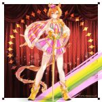  1girl animal_ears armor artist_logo boots cane cape character_name closed_mouth corset crown curtains full_body hand_on_own_hip highres holding holding_cane horse_ears horse_girl horse_tail long_sleeves looking_at_viewer nishioki_tama orange_hair purple_eyes shirt shoulder_armor skirt smile solo standing t.m._opera_o_(umamusume) tail thighhighs two-tone_shirt umamusume white_shirt white_thighhighs yellow_footwear 