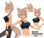  1girl :d animal_ear_fluff animal_ears bare_arms bare_shoulders belt belt_buckle black_belt breasts brown_eyes brown_hair buckle character_name collarbone color_guide commentary dreadtie eunice_fleetwood fang grey_pants hair_between_eyes highres medium_breasts multiple_views navel original pants parted_lips simple_background smile tail thick_eyebrows v-shaped_eyebrows white_background 